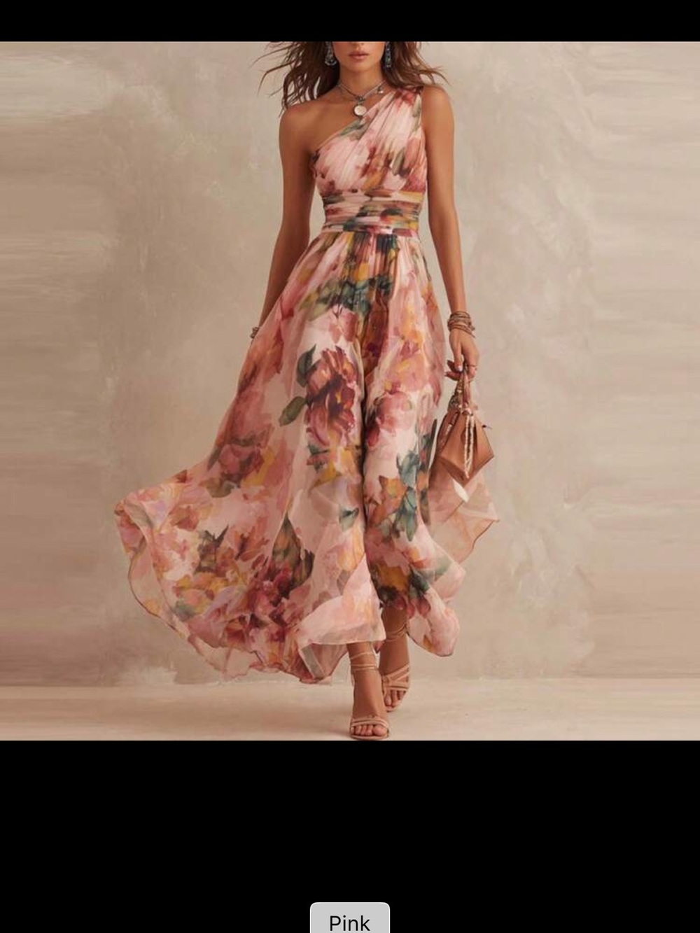 SHEIN Pink Floral One-Shoulder Chiffon Maxi Dress